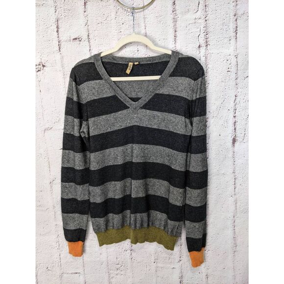 209 Cashmere Sweater Mens S Small Gray Striped V-neck Long Sleeve Green Bottom E - Picture 1 of 7
